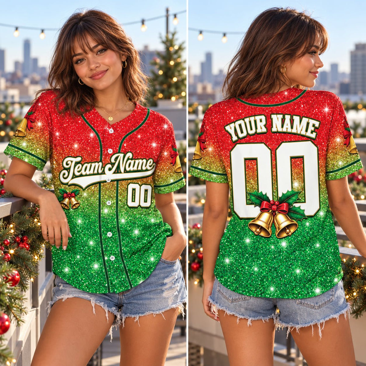 Secondary lifestyle view showing the custom holiday baseball jersey being worn outdoors