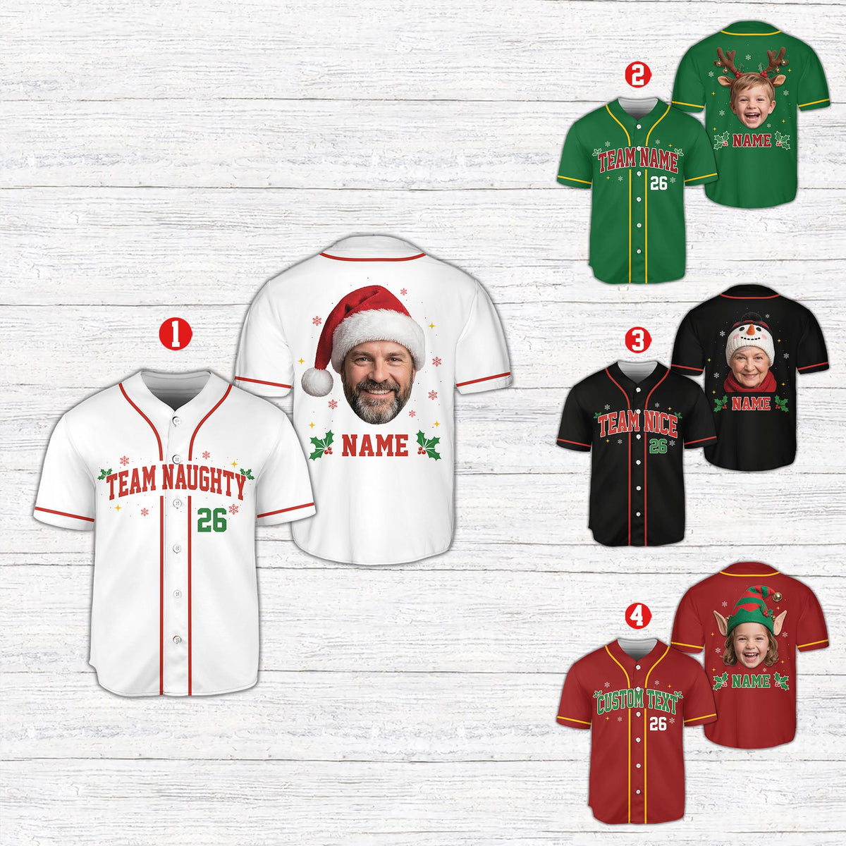 Lifestyle view of adults wearing multi-colored personalized christmas baseball jerseys