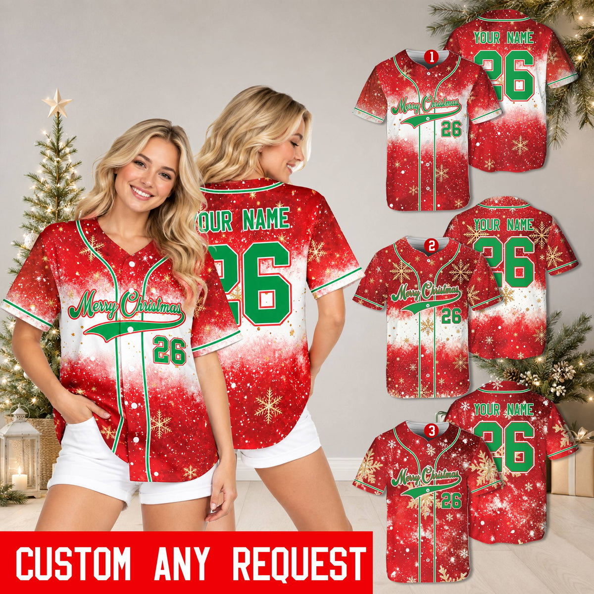 Lifestyle view of the personalized christmas baseball jersey worn in a holiday setting