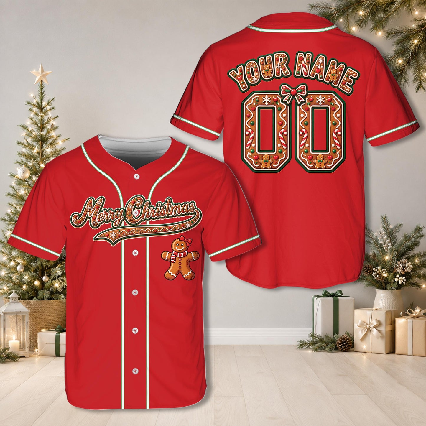Multicolor view of the personalized gingerbread christmas baseball jersey