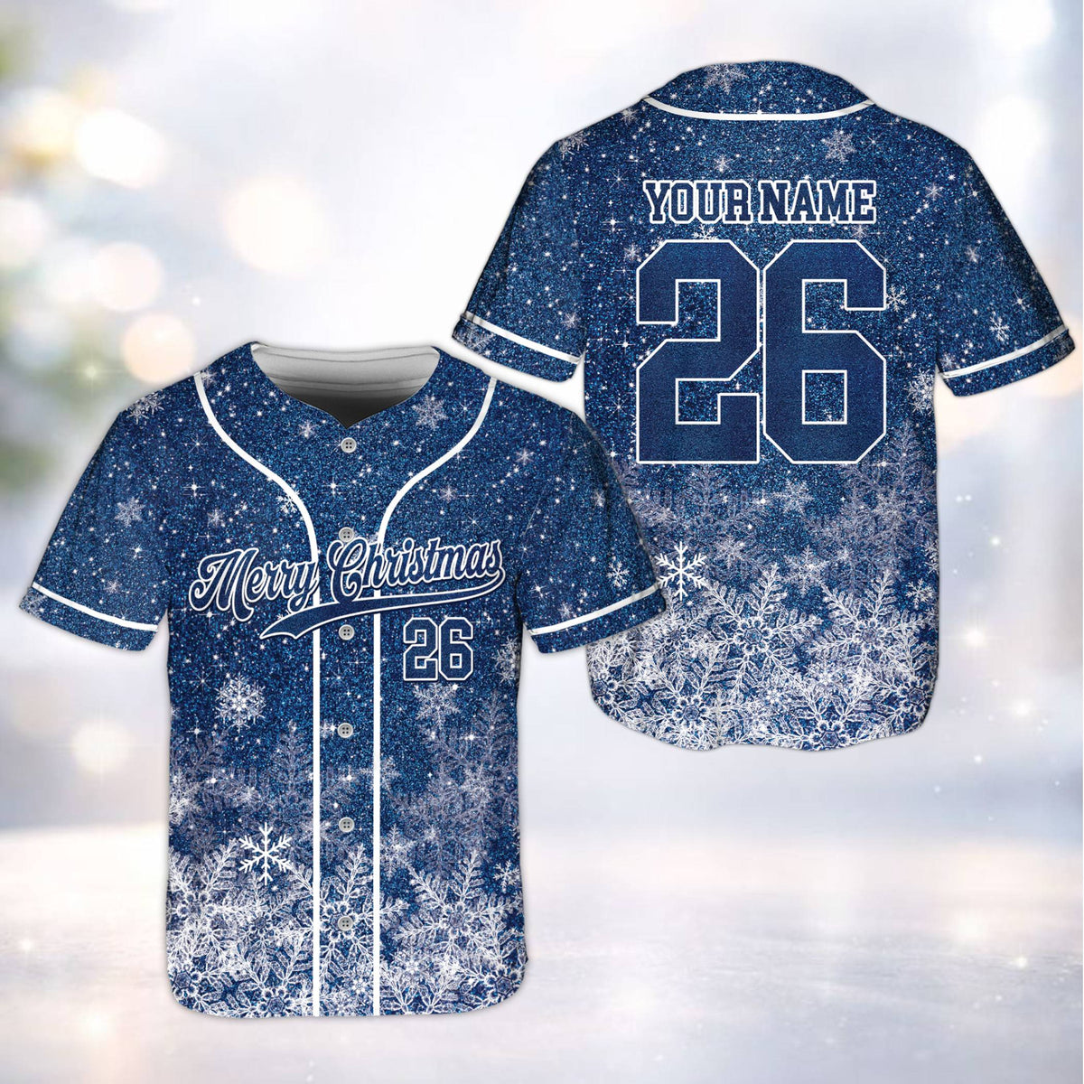 Personalized navy christmas baseball jersey with glitter snowflake design, front view