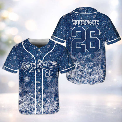 Personalized navy christmas baseball jersey with glitter snowflake design, front view