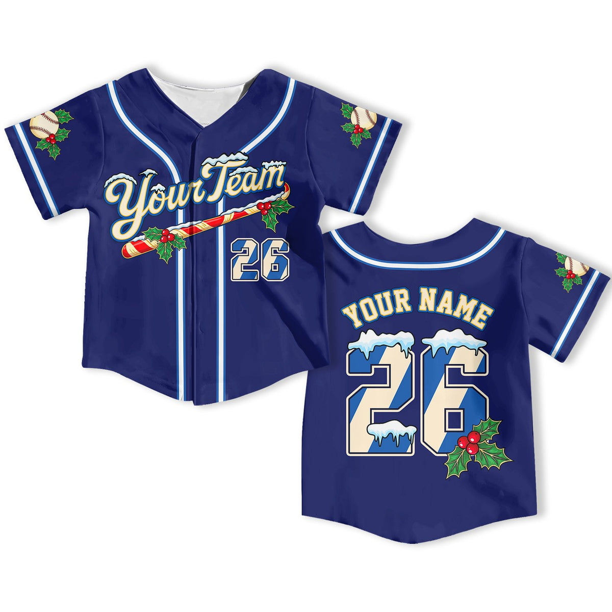 Personalized navy christmas baseball jersey featuring candy cane and snow detailing, front view