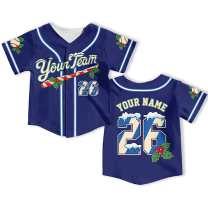 Personalized navy christmas baseball jersey featuring candy cane and snow detailing, front view