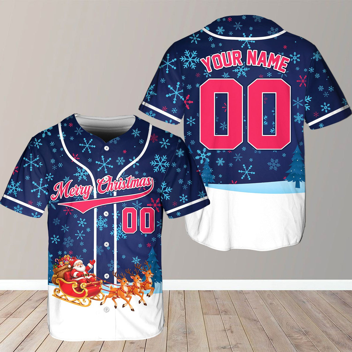 Navy personalized christmas baseball jersey with Santa and sleigh, front view