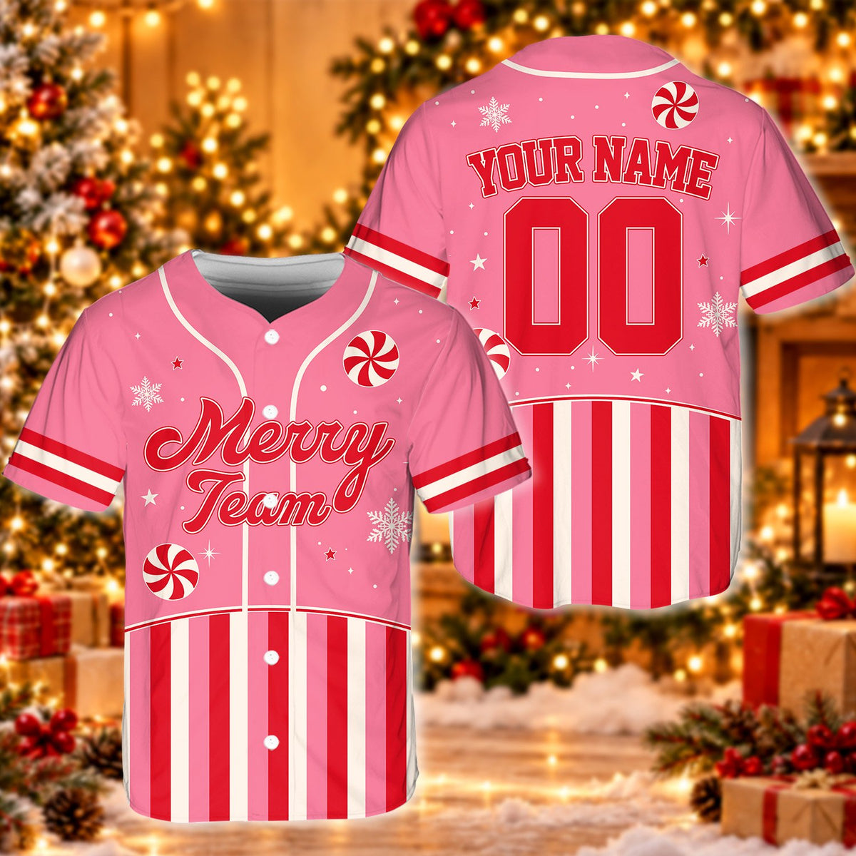 Detailed front view of personalized pink christmas baseball jersey