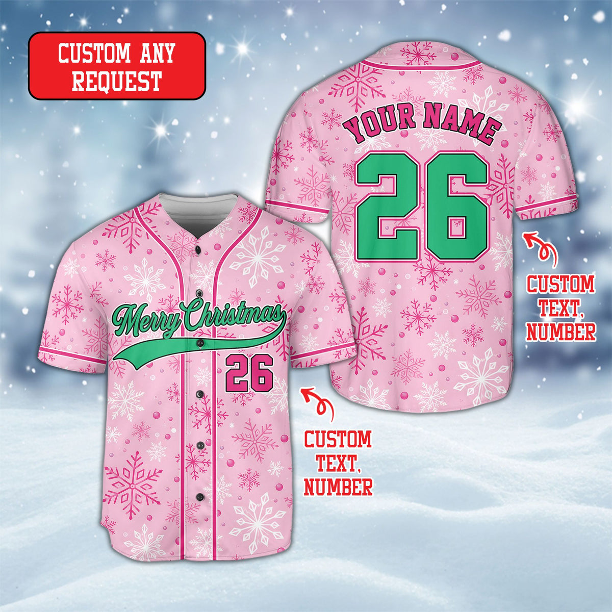 Personalized baseball jersey featuring pink Christmas patterns front view