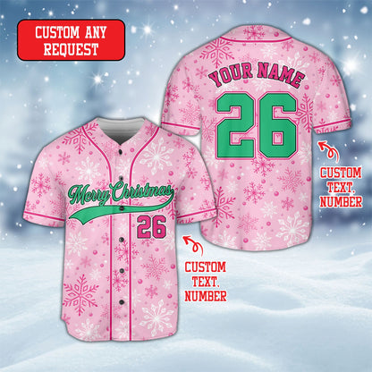Personalized baseball jersey featuring pink Christmas patterns front view