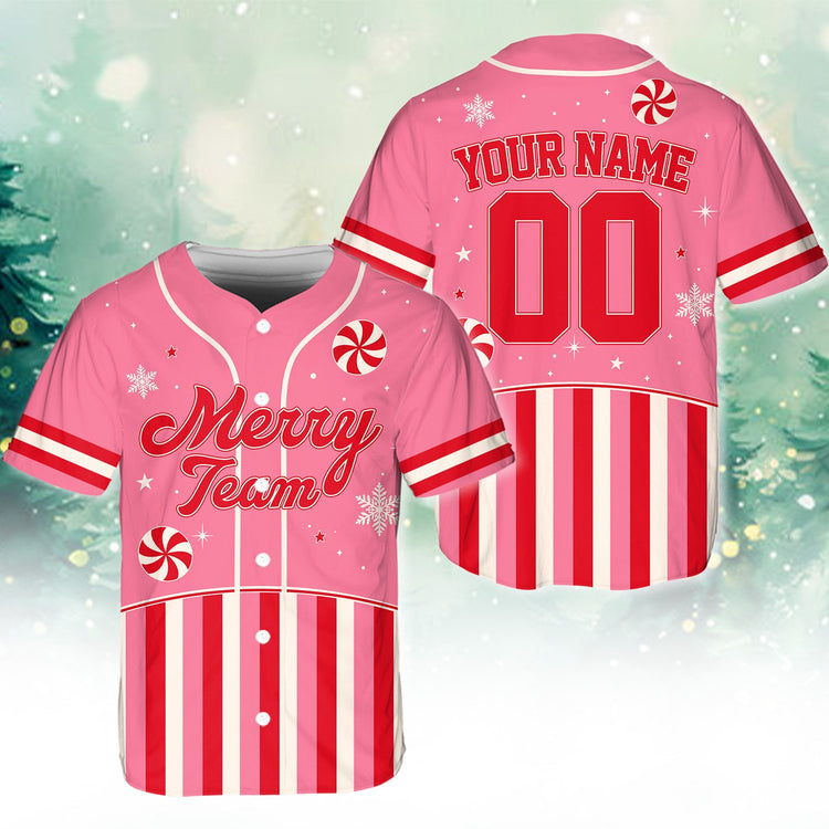Personalized pink christmas baseball jersey with custom name and number, main view
