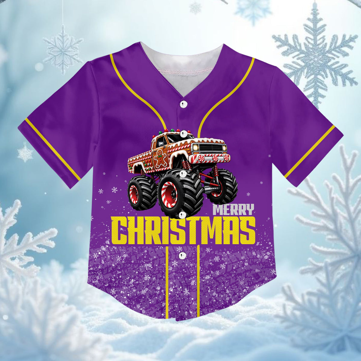 Front view of the purple monster truck christmas baseball jersey