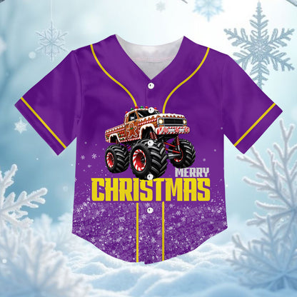 Front view of the purple monster truck christmas baseball jersey