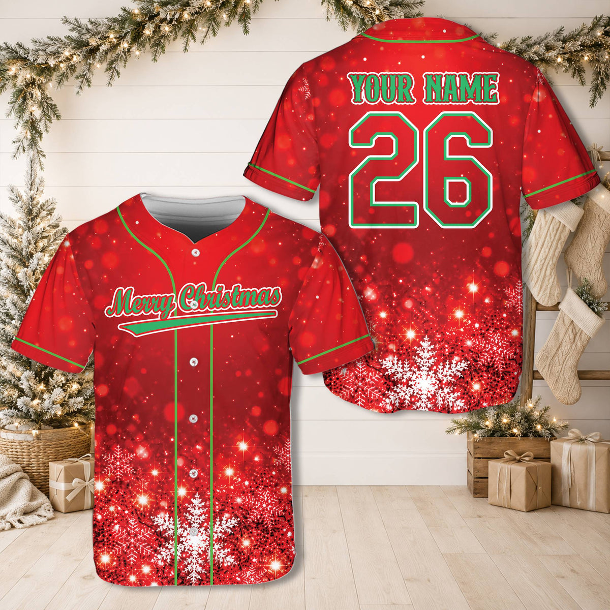 Front view of the red festive christmas baseball jersey with snowflakes