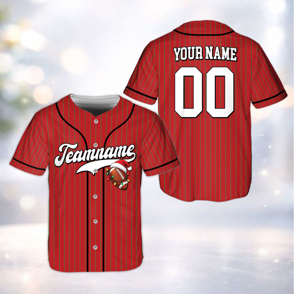 Front view of red personalized christmas baseball jersey with santa hat and antlers on football graphic