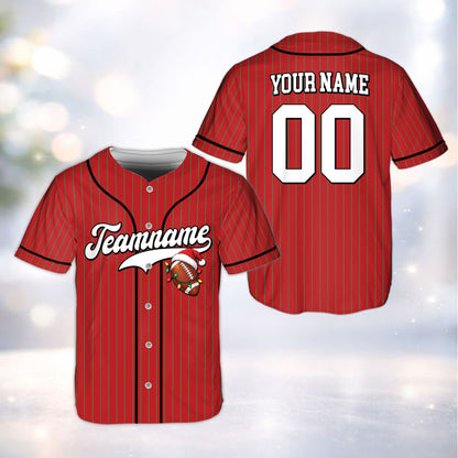 Front view of red personalized christmas baseball jersey with santa hat and antlers on football graphic