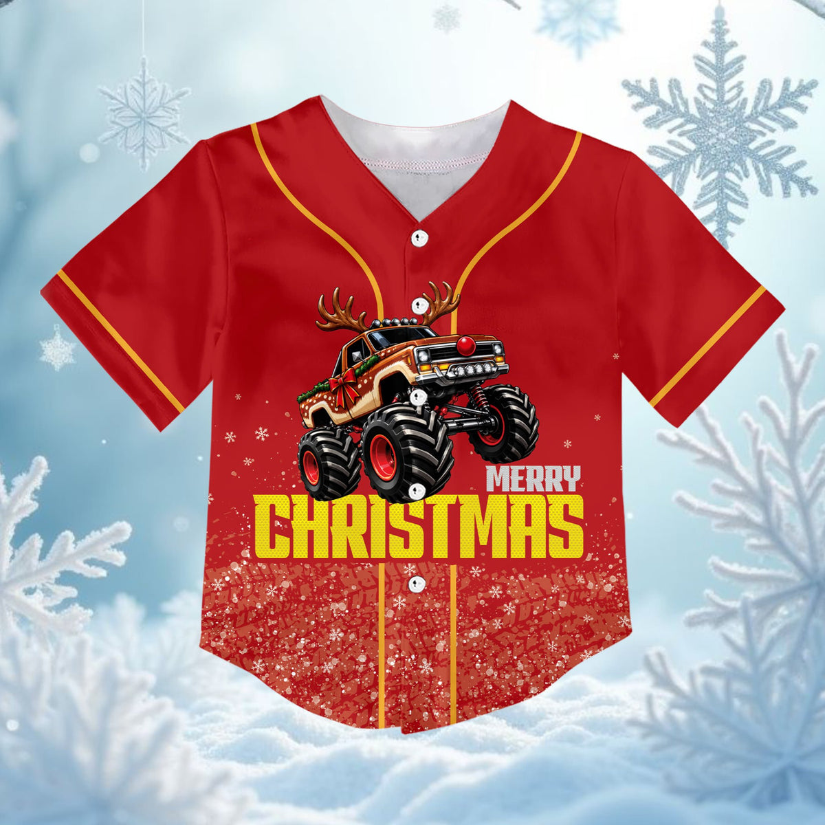 Front view of the red monster truck christmas baseball jersey