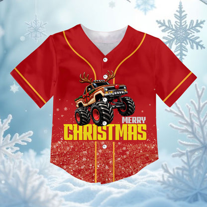 Front view of the red monster truck christmas baseball jersey