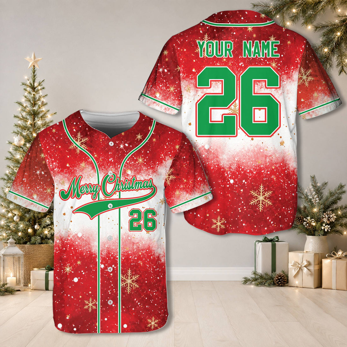 Detailed front view of the festive red and white holiday baseball jersey