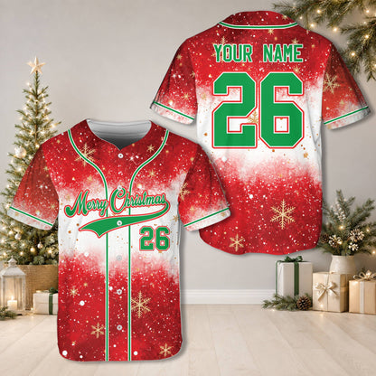 Detailed front view of the festive red and white holiday baseball jersey