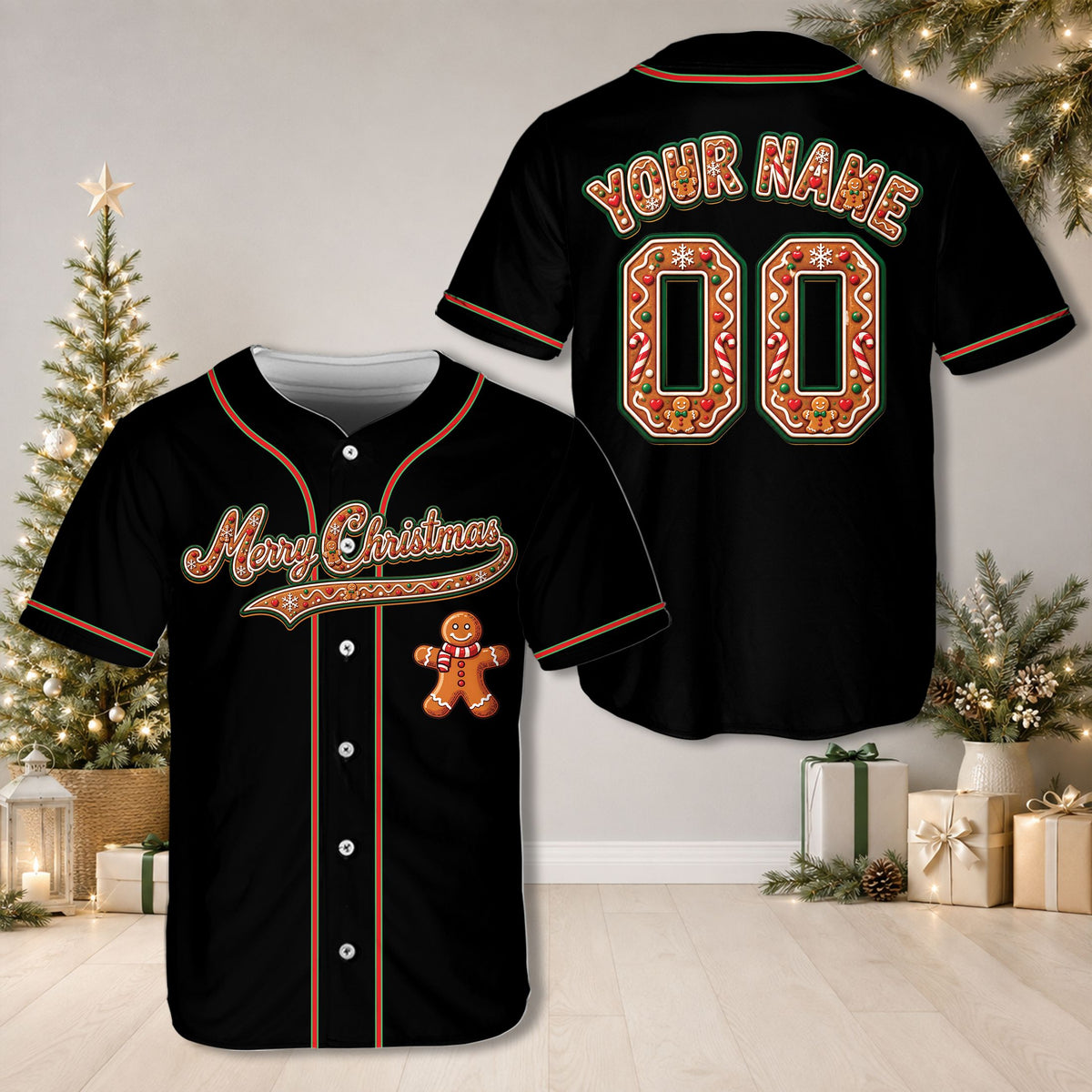 Front view of a red personalized baseball jersey with a gingerbread Christmas theme