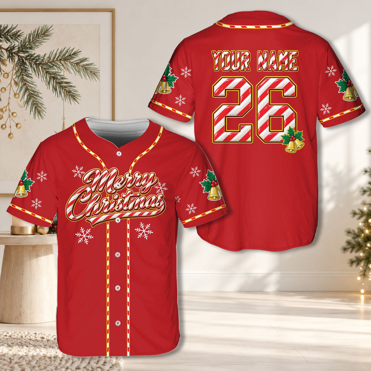 Red custom baseball jersey with festive holiday design, front view
