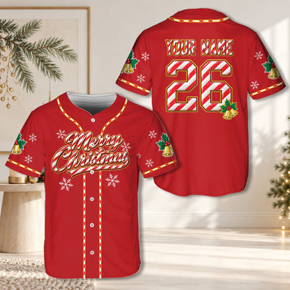 Red custom baseball jersey with festive holiday design, front view
