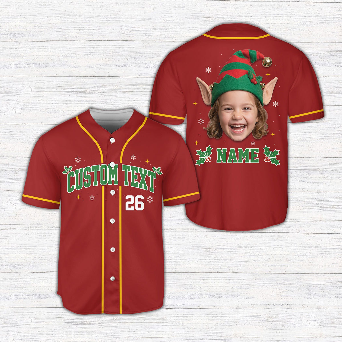 Red christmas baseball jersey featuring 'TEAM NICE' text and custom number on the front
