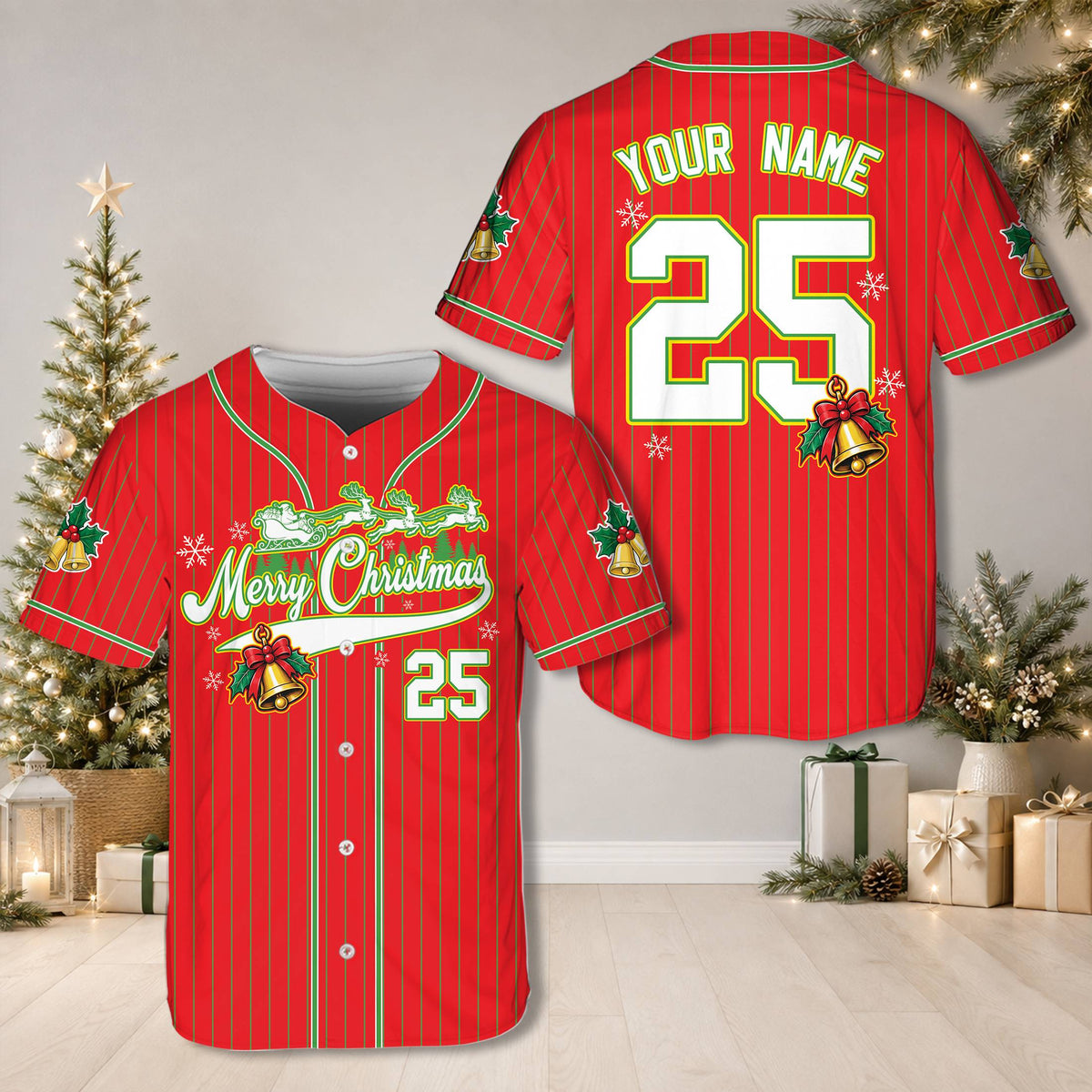 Red personalized christmas baseball jersey displaying the front pinstripe holiday design