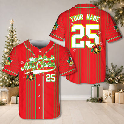 Red personalized christmas baseball jersey displaying the front pinstripe holiday design