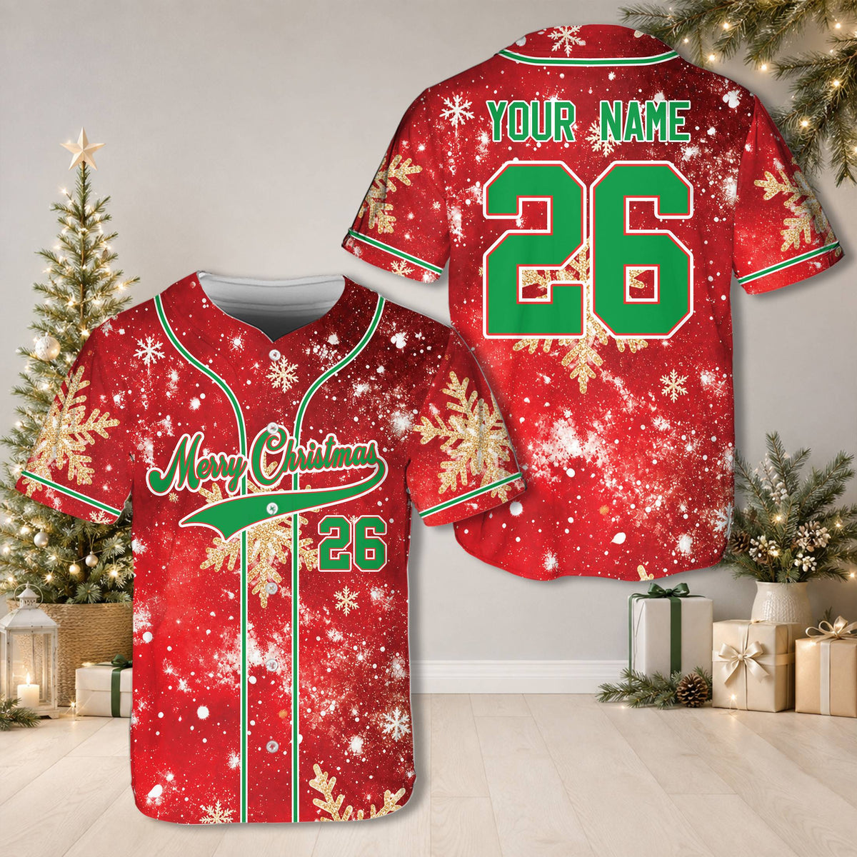 Front view of the custom christmas baseball jersey displaying Merry Christmas script and custom number