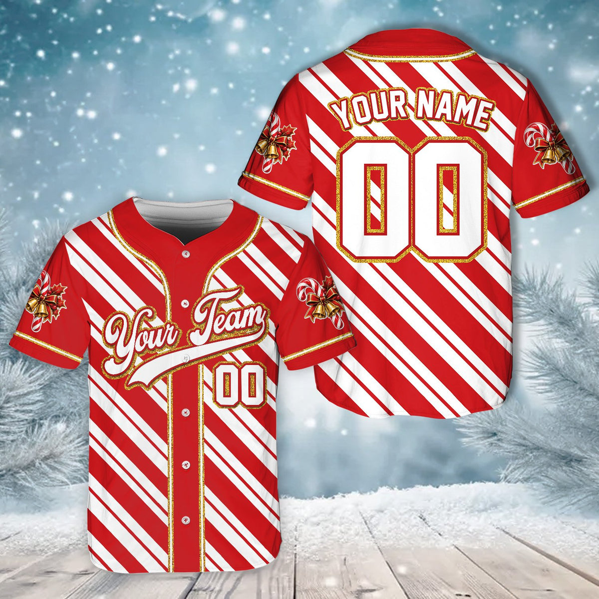 Red personalized Christmas baseball jersey, front view 5