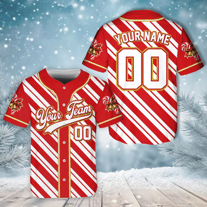 Red personalized Christmas baseball jersey, front view 5