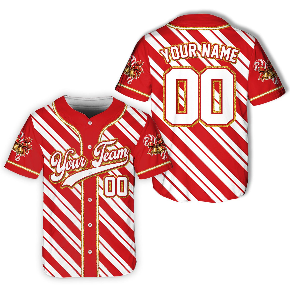 Red candy cane custom name baseball jersey, front view 7