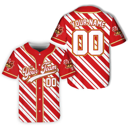 Red candy cane custom name baseball jersey, front view 7