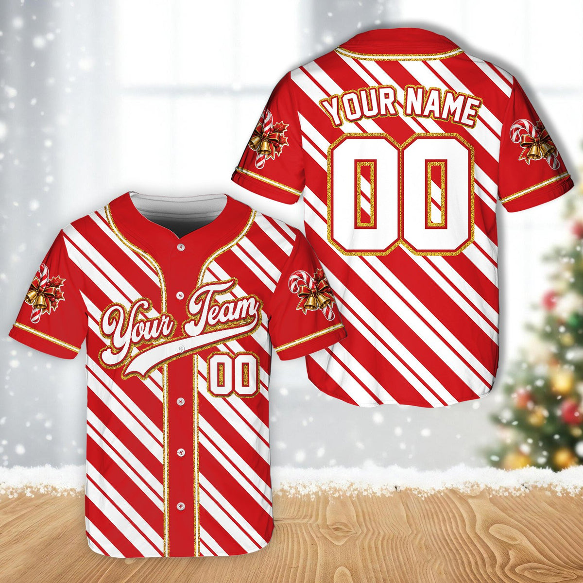 Personalized red Christmas baseball jersey with custom name and number, main view