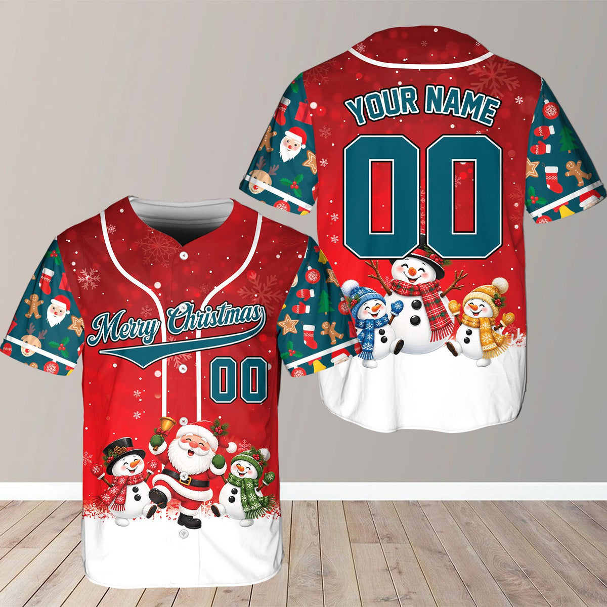 Red personalized christmas baseball jersey with Santa and snowmen, front view