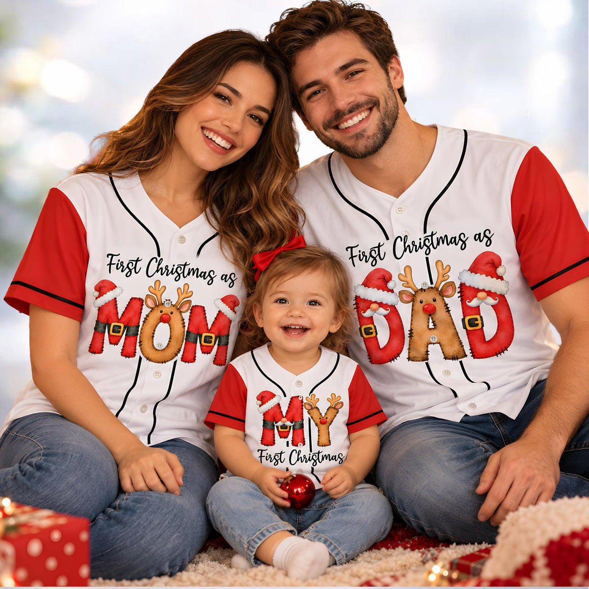 Red christmas baseball jersey modeled in a lifestyle view