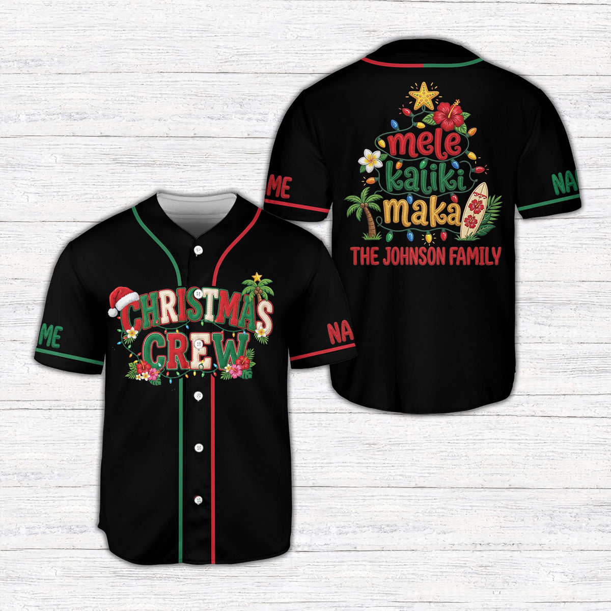 Personalized black christmas tropical baseball jersey front view featuring palm trees and Santa hat