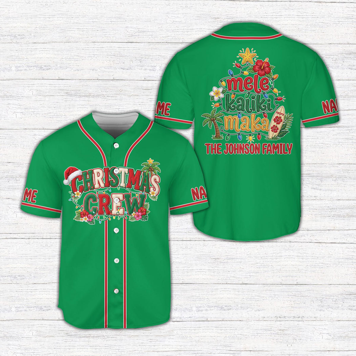 Personalized green christmas tropical baseball jersey with custom name and number, main view