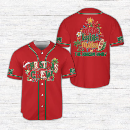 Personalized red christmas tropical baseball jersey front view with Christmas Crew design