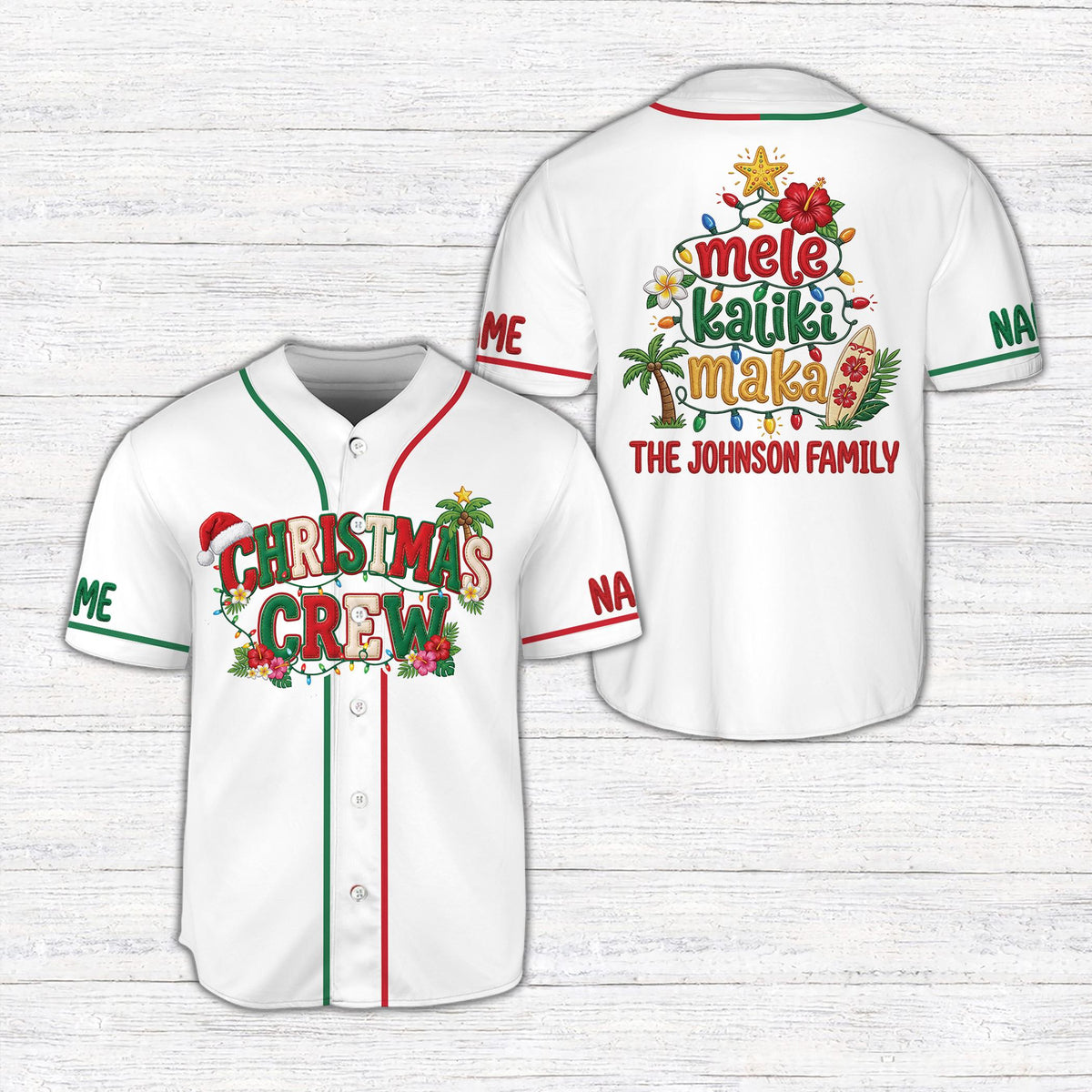 Lifestyle view of a person wearing a white personalized christmas tropical baseball jersey