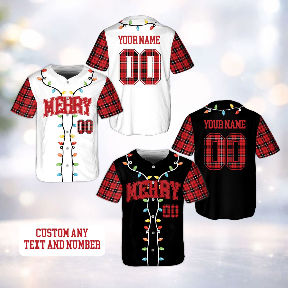 Close-up view of the personalized baseball jersey showing the Christmas lights piping.