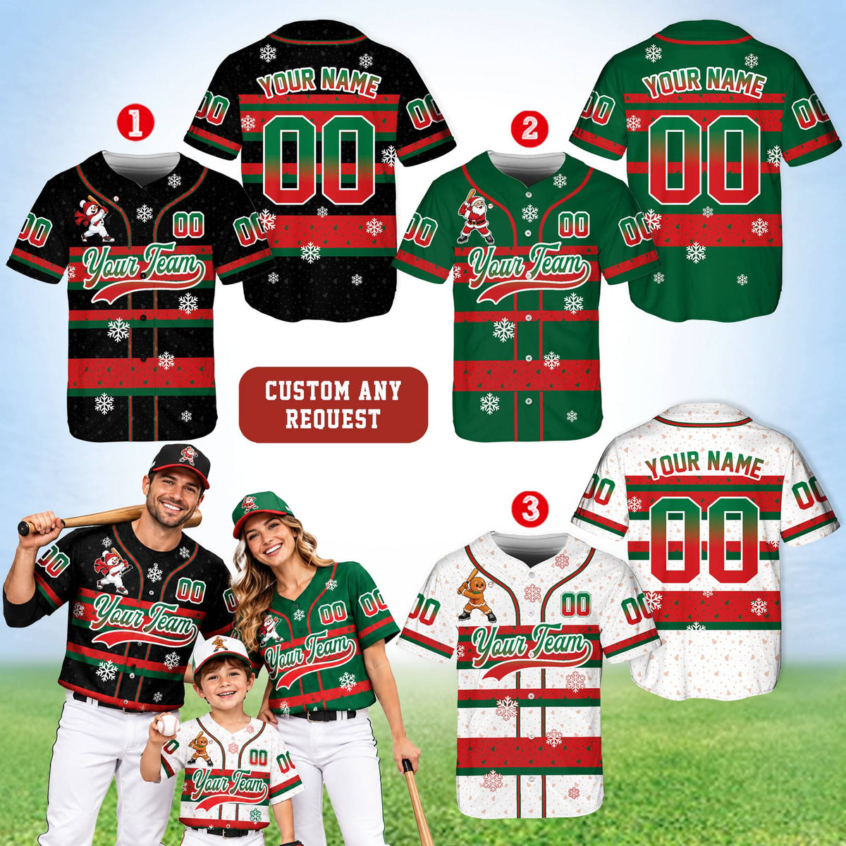 Close-up detail of the christmas baseball jersey custom text area