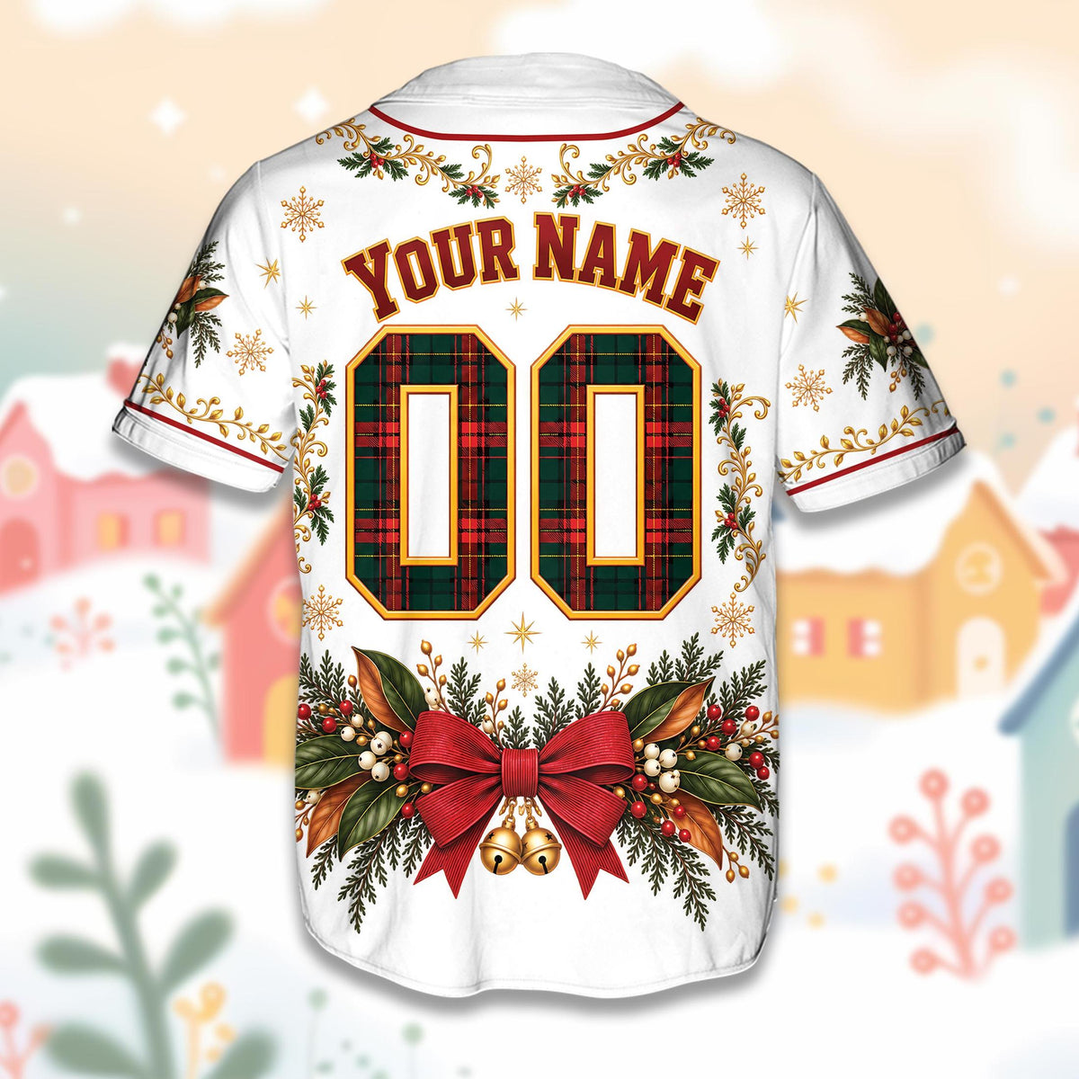 Close up back view of the custom name and number baseball jersey with holiday design