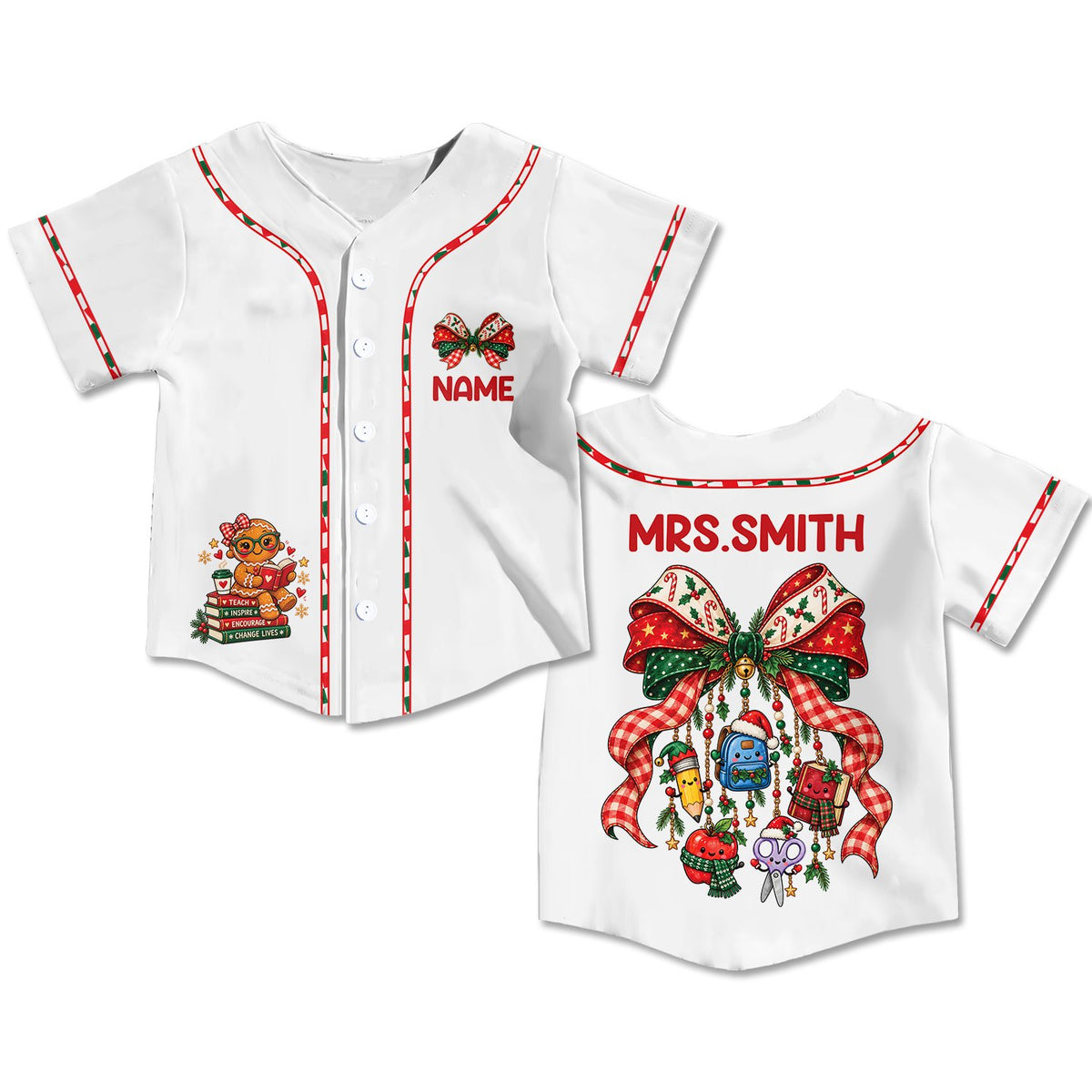 Close-up of the back design featuring a red and green bow and hanging school ornaments