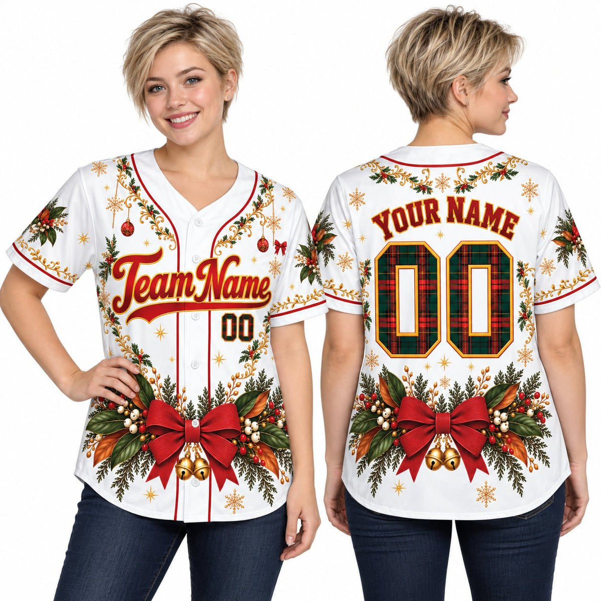 Back view of the personalized christmas baseball jersey showing a custom name and plaid number