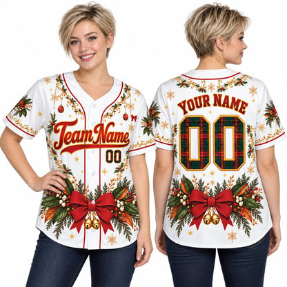 Back view of the personalized christmas baseball jersey showing a custom name and plaid number