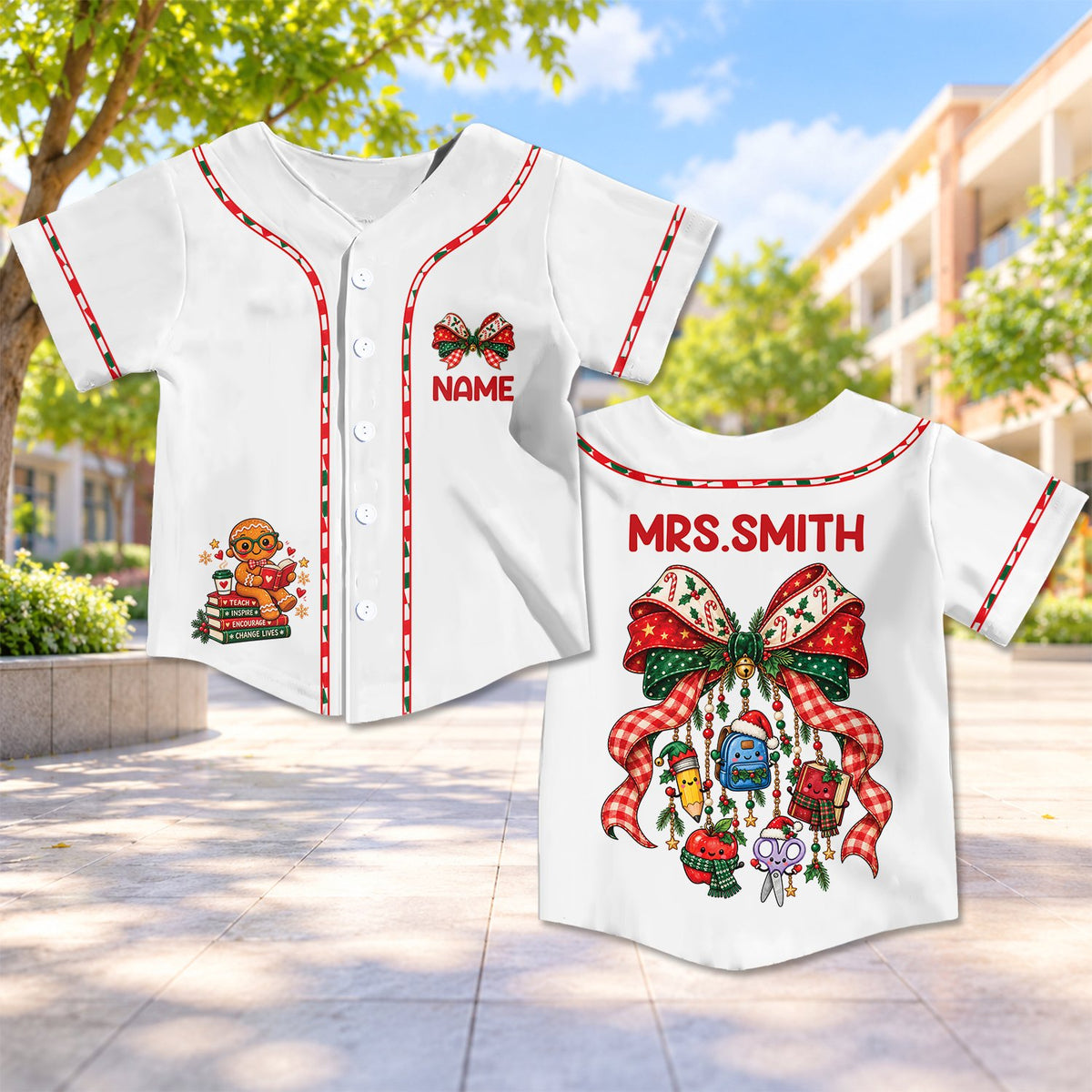 Wide back view showing the full custom name and holiday graphics
