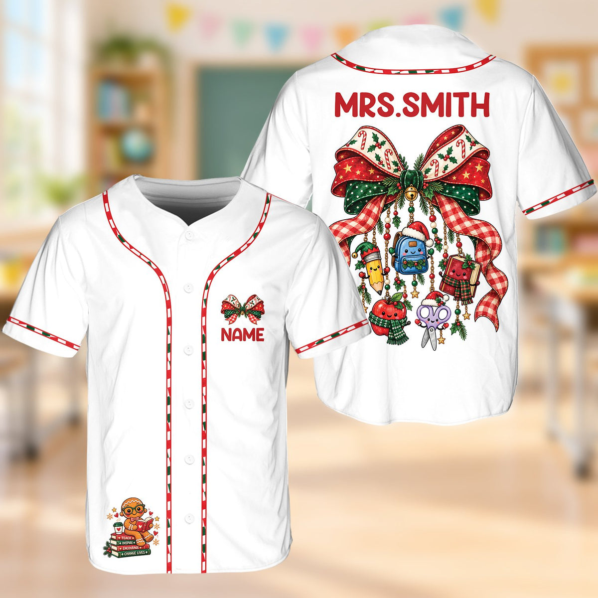 Back view of the personalized baseball jersey showing the custom name and festive bow with ornaments