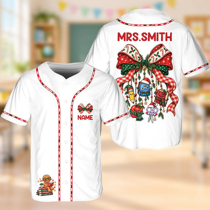 Back view of the personalized baseball jersey showing the custom name and festive bow with ornaments