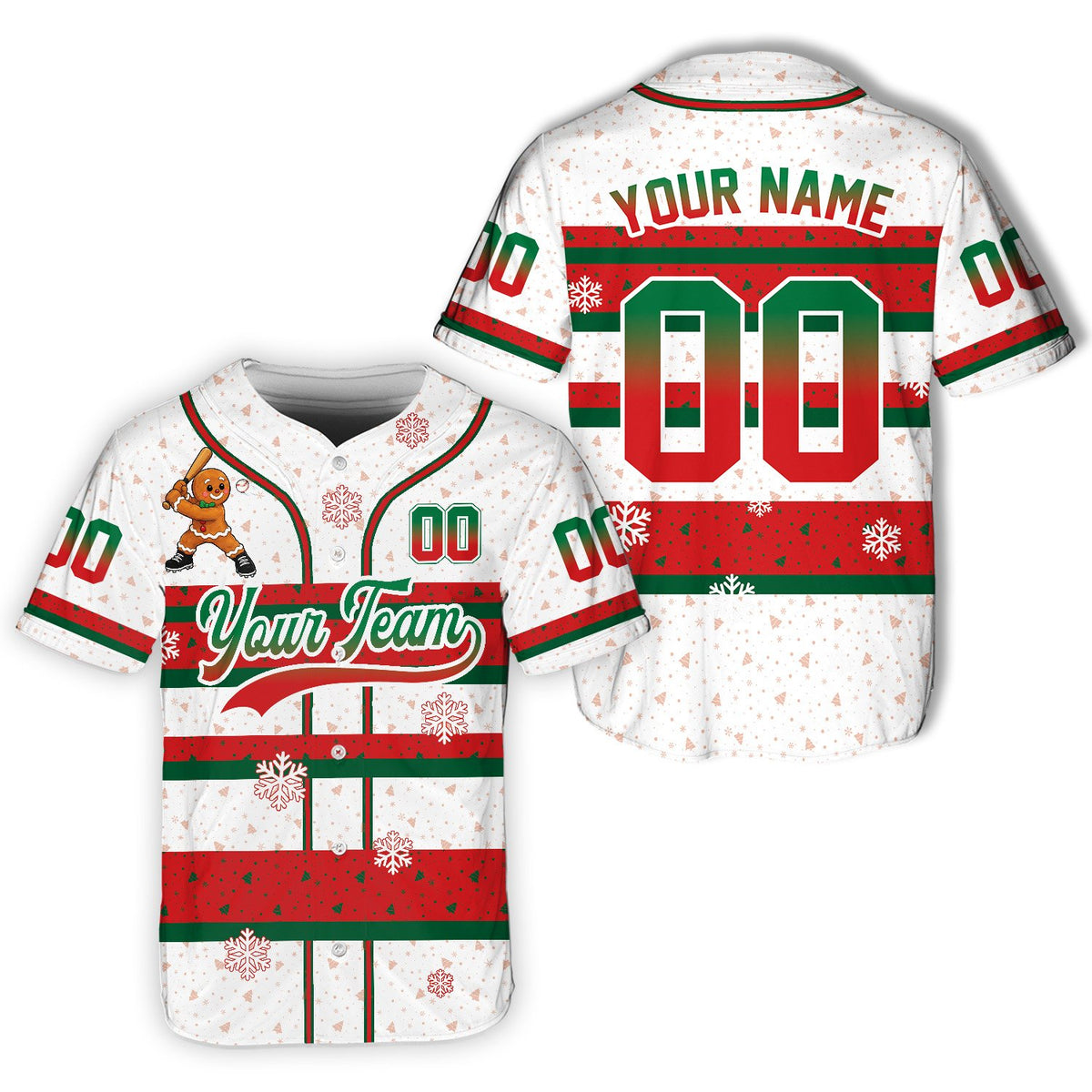 Personalized white christmas baseball jersey showing custom name and number on the back